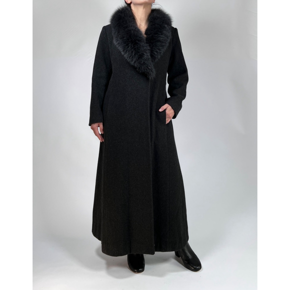 MARVIN RICHARDS Womans Coat Charcoal 100% Lambswool Fox Fur Maxi Coat Size 4 - Picture 2 of 12